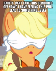 Size: 600x758 | Tagged: safe, edit, edited screencap, screencap, character:applejack, episode:p.p.o.v. (pony point of view), g4, my little pony: friendship is magic, blindfold, caption, cropped, female, image macro, implied lesbian, implied rarijack, implied rarity, implied shipping, lifejacket, solo, text