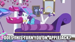 Size: 600x337 | Tagged: safe, edit, edited screencap, screencap, character:rarity, episode:camping must-haves, g4, my little pony: equestria girls, my little pony:equestria girls, spoiler:eqg series (season 2), caption, female, image macro, implied lesbian, implied rarijack, implied shipping, solo, text