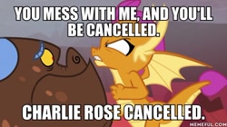 Size: 600x337 | Tagged: safe, edit, edited screencap, screencap, character:smolder, episode:sweet and smoky, g4, my little pony: friendship is magic, cancel culture, caption, clump, image macro, text, the simpsons