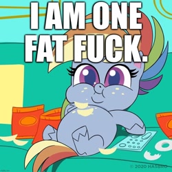 Size: 1080x1080 | Tagged: safe, edit, edited screencap, screencap, character:rainbow dash, species:pegasus, species:pony, my little pony:pony life, belly, big belly, caption, chips, chubby cheeks, couch, couch potato, crumbs, cute, dashabetes, donut, double chin, fat, female, food, food baby, image macro, mare, missing cutie mark, obese, on back, overweight, potato chips, rainblob dash, remote, sitting, slob, solo, text, tubby wubby pony waifu, vulgar