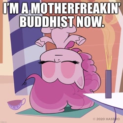 Size: 1080x1080 | Tagged: safe, edit, edited screencap, screencap, character:pinkie pie, species:earth pony, species:pony, my little pony:pony life, buddhism, caption, eyes closed, female, image macro, incense, pinkie being pinkie, solo, text, upside down, vulgar, yoga
