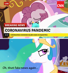 Size: 708x758 | Tagged: safe, edit, edited screencap, screencap, character:pinkie pie, character:princess celestia, episode:28 pranks later, episode:applebuck season, g4, my little pony: friendship is magic, break your own news, breaking news, cnn, coronavirus, covid-19, covidiots, fake news, op is a duck, op is trying to start shit, unamused
