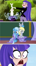 Size: 906x1629 | Tagged: safe, edit, edited screencap, screencap, character:derpy hooves, character:trixie, species:rabbit, episode:a matter of principals, g4, my little pony: friendship is magic, animal, bunny out of the hat, clothing, comic, comparison, dc superhero girls, grabbing, hat, holding wings, magic, magic trick, pony out of a hat, screencap comic, shocked, shrunken pupils, surprised, zatanna