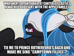 Size: 600x450 | Tagged: safe, edit, edited screencap, screencap, character:queen chrysalis, species:changeling, episode:frenemies, g4, my little pony: friendship is magic, blindfold, caption, cropped, female, image macro, pinky and the brain, solo, text