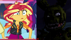 Size: 1920x1080 | Tagged: safe, edit, edited screencap, screencap, character:sunset shimmer, equestria girls:rollercoaster of friendship, g4, my little pony: equestria girls, my little pony:equestria girls, comparison, five nights at freddy's, five nights at freddy's 3, messy hair, shrunken pupils, springtrap, thehottest dog