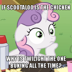Size: 500x500 | Tagged: safe, edit, edited screencap, screencap, character:sweetie belle, episode:ponyville confidential, g4, my little pony: friendship is magic, bookhorse, caption, chickun, cropped, crossing the memes, exploitable meme, faec, female, forced meme, image macro, meme, misspelling, obligatory pony, pun, solo, sudden clarity sweetie belle, text