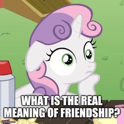 Size: 500x500 | Tagged: safe, edit, edited screencap, screencap, character:sweetie belle, episode:ponyville confidential, g4, my little pony: friendship is magic, caption, cropped, exploitable meme, female, image macro, meme, obligatory pony, solo, sudden clarity sweetie belle, text