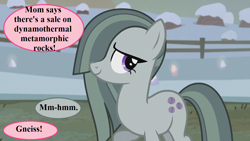 Size: 1280x720 | Tagged: safe, edit, edited screencap, screencap, character:marble pie, episode:hearthbreakers, g4, my little pony: friendship is magic, cute, dialogue, fence, implied cloudy quartz, implied pinkie pie, marblebetes, pun, rock farm, snow, speech bubble