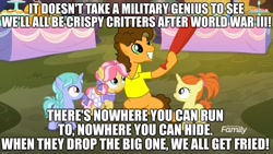 Size: 1920x1080 | Tagged: safe, edit, edited screencap, screencap, character:cheese sandwich, species:earth pony, species:pony, species:unicorn, caption, clothing, female, filly, happy birthday, image macro, male, skirt, song reference, stallion, text, weird al yankovic, world war iii