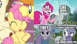Size: 875x500 | Tagged: safe, edit, edited screencap, screencap, character:li'l cheese, character:limestone pie, character:marble pie, character:maud pie, character:pinkie pie, character:pound cake, character:pumpkin cake, species:earth pony, species:pony, episode:the gift of the maud pie, episode:the last problem, episode:the maud couple, g4, my little pony: friendship is magic, bipedal, caption, image macro, older, older pound cake, older pumpkin cake, text
