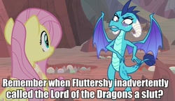 Size: 928x540 | Tagged: safe, edit, edited screencap, screencap, character:fluttershy, character:princess ember, species:dragon, species:pegasus, species:pony, episode:sweet and smoky, g4, my little pony: friendship is magic, blush sticker, blushing, caption, dragon egg, dragoness, duo, egg, embarrassed, female, frown, image macro, mare, meme, open mouth, out of context, spread wings, text, tsundember, tsundere, vulgar, wings