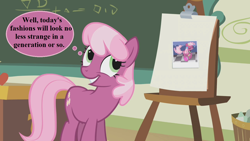 Size: 1280x720 | Tagged: safe, edit, edited screencap, screencap, character:cheerilee, species:earth pony, species:pony, episode:call of the cutie, g4, my little pony: friendship is magic, 80s, 80s cheerilee, chalkboard, cheeribetes, cute, easel, photo, ponyville schoolhouse, thought bubble
