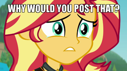 Size: 600x338 | Tagged: safe, edit, edited screencap, screencap, character:sunset shimmer, equestria girls:forgotten friendship, g4, my little pony: equestria girls, my little pony:equestria girls, caption, crying, discovery family, discovery family logo, female, image macro, lightly watermarked, meme, sad, teary eyes, text, url, watermark, why would you post that