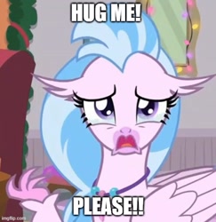 Size: 500x515 | Tagged: safe, edit, edited screencap, screencap, character:silverstream, species:classical hippogriff, species:hippogriff, episode:the hearth's warming club, g4, my little pony: friendship is magic, bronybait, caption, cropped, crying, cute, diastreamies, female, hug request, image macro, jewelry, meme, necklace, sad, solo, teary eyes, text