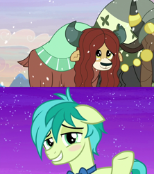 Size: 1280x1440 | Tagged: safe, edit, screencap, character:sandbar, character:yona, ship:yonabar, episode:she's all yak, episode:the hearth's warming club, g4, my little pony: friendship is magic, blushing, bow tie, female, loose hair, male, shipping, snow, straight