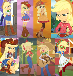 Size: 1111x1157 | Tagged: safe, edit, screencap, character:applejack, episode:festival filters, episode:five to nine, episode:friendship through the ages, equestria girls:dance magic, equestria girls:equestria girls, equestria girls:legend of everfree, g4, my little pony: equestria girls, my little pony:equestria girls, spoiler:eqg series (season 2), spoiler:eqg specials, bare shoulders, beautiful, boots, camp fashion show outfit, clothing, collage, cowboy boots, cowboy hat, cowgirl, cowgirl outfit, cowgirl style, cute, dance magic (song), hat, jackabetes, music festival outfit, shoes, sleeveless, strapless, this is our big night