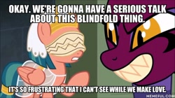 Size: 600x337 | Tagged: safe, edit, edited screencap, screencap, character:somnambula, character:sphinx, species:pegasus, species:pony, species:sphinx, episode:daring done, g4, blindfold, caption, female, image macro, implied sex, mare, text