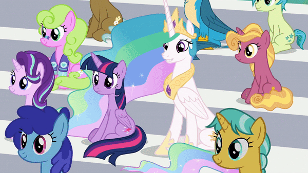 Size: 600x338 | Tagged: safe, edit, screencap, character:citrine spark, character:cloudburst, character:daisy, character:fire quacker, character:gallus, character:princess celestia, character:sandbar, character:starlight glimmer, character:twilight sparkle, character:twilight sparkle (alicorn), species:alicorn, species:earth pony, species:pegasus, species:pony, species:unicorn, episode:2-4-6 greaaat, animated, background pony, clever musings, female, fire flicker, friendship student, gif, majestic as fuck, male, mare, reversed, traditional royal canterlot voice