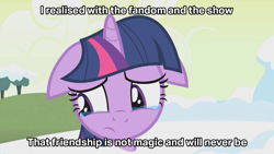 Size: 1280x720 | Tagged: safe, edit, edited screencap, screencap, character:twilight sparkle, character:twilight sparkle (unicorn), species:pony, species:unicorn, episode:winter wrap up, g4, my little pony: friendship is magic, caption, crying, female, floppy ears, image macro, op is a duck, op is trying to start shit, op isn't even trying anymore, snow, solo, text