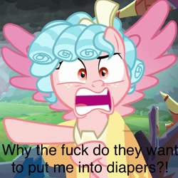 Size: 700x700 | Tagged: safe, edit, edited screencap, screencap, character:cozy glow, species:alicorn, species:pony, episode:the ending of the end, g4, my little pony: friendship is magic, animation error, caption, cozy glow is best facemaker, cropped, faec, image macro, implied diaper fetish, missing horn, pointing, text, vulgar