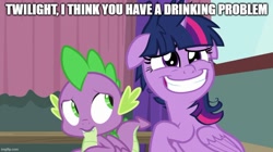 Size: 888x499 | Tagged: safe, edit, edited screencap, screencap, character:spike, character:twilight sparkle, character:twilight sparkle (alicorn), species:alicorn, species:dragon, species:pony, episode:a trivial pursuit, g4, my little pony: friendship is magic, caption, cute, cute little fangs, duo, fangs, female, floppy ears, grin, image macro, implied alcoholism, male, mare, meme, messy mane, smiling, text, twilight snapple, winged spike, worried