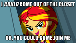 Size: 600x338 | Tagged: safe, edit, edited screencap, screencap, character:sunset shimmer, equestria girls:equestria girls, g4, my little pony: equestria girls, my little pony:equestria girls, bronybait, caption, evil grin, female, grin, image macro, looking at you, smiling, solo, text