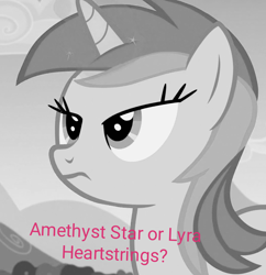 Size: 1046x1080 | Tagged: safe, edit, edited screencap, screencap, character:amethyst star, character:lyra heartstrings, character:sparkler, species:pony, species:unicorn, cropped, female, grayscale, mare, monochrome, solo, text
