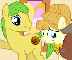 Size: 1296x1080 | Tagged: safe, edit, edited screencap, screencap, character:applejack, character:aunt orange, character:uncle orange, episode:the cutie mark chronicles, g4, my little pony: friendship is magic, abomination, annoying orange, cropped, cursed image, duo focus, female, filly, filly applejack, god is dead, oh god no, this is why we can't have nice things, younger