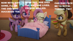 Size: 1280x720 | Tagged: safe, edit, edited screencap, screencap, character:applejack, character:fluttershy, character:pinkie pie, character:twilight sparkle, character:twilight sparkle (alicorn), species:alicorn, species:earth pony, species:pegasus, species:pony, my little pony: stop motion short, my little pony:pony life, abuse, bed, flutterbuse, op is a duck, rainy day puddle play, sick, stop motion, thermometer