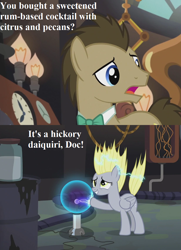 Size: 832x1152 | Tagged: safe, edit, edited screencap, screencap, character:derpy hooves, character:doctor whooves, character:time turner, species:earth pony, species:pegasus, species:pony, episode:slice of life, g4, my little pony: friendship is magic, cropped, cute, derpabetes, dialogue, doctor whooves' lab, duo, female, male, mare, plasma ball, pun, stallion