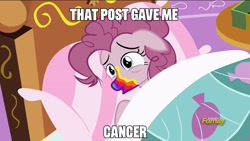 Size: 1280x720 | Tagged: safe, edit, edited screencap, screencap, character:pinkie pie, species:earth pony, species:pony, episode:28 pranks later, g4, my little pony: friendship is magic, bed, caption, image macro, in bed, meme, text, that post gave me cancer