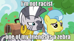 Size: 1920x1080 | Tagged: safe, edit, edited screencap, screencap, character:doctor fauna, character:zecora, species:earth pony, species:pony, species:zebra, episode:she talks to angel, g4, my little pony: friendship is magic, caption, duo, female, image macro, mare, meme, out of character, text