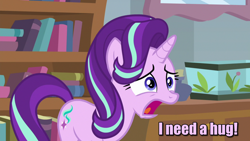 Size: 1920x1080 | Tagged: safe, edit, edited screencap, screencap, character:starlight glimmer, species:pony, species:unicorn, episode:a horse shoe-in, g4, my little pony: friendship is magic, bronybait, caption, female, hug, hug request, image macro, solo, text, text edit, worried
