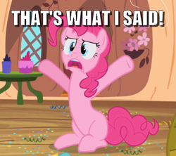 Size: 593x527 | Tagged: safe, edit, edited screencap, screencap, character:pinkie pie, species:earth pony, species:pony, episode:secret of my excess, g4, my little pony: friendship is magic, caption, cropped, female, golden oaks library, image macro, impact font, mare, solo, text