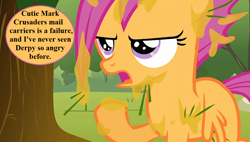 Size: 1280x726 | Tagged: safe, edit, edited screencap, screencap, character:scootaloo, species:pegasus, species:pony, episode:the cutie mark chronicles, g4, my little pony: friendship is magic, dialogue, implied derpy, noodle incident, speech, speech bubble, talking, tree, tree sap and pine needles