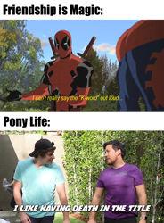 Size: 1680x2280 | Tagged: safe, edit, edited screencap, screencap, species:human, my little pony:pony life, barely pony related, deadpool, impact font, irl, irl human, markiplier, meme, photo, spider-man, text, tyler scheid, ultimate spider-man