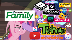Size: 1920x1080 | Tagged: safe, edit, edited screencap, screencap, character:pinkie pie, character:twilight sparkle, character:twilight sparkle (alicorn), species:alicorn, species:earth pony, species:pony, episode:a trivial pursuit, g4, my little pony: friendship is magic, boomerang, carousel (tv channel), cartoonito logo, discovery family, discovery family logo, itunes, meme, minimini, nc+ go, nickelodeon, plusplus, russia, ruutu, tfou max, tiny pop, treehouse logo, treehouse tv, videoland, youku, youtube