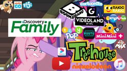 Size: 1920x1080 | Tagged: safe, edit, edited screencap, screencap, character:pinkie pie, character:twilight sparkle, character:twilight sparkle (alicorn), species:alicorn, species:earth pony, species:pony, episode:a trivial pursuit, g4, my little pony: friendship is magic, boomerang, carousel (tv channel), cartoonito logo, discovery family, discovery family logo, itunes, littlest pet shop, littlest pet shop a world of our own, meme, minika go, minimini, nc+ go, nickelodeon, plusplus, quincy goatee, russia, ruutu, tfou max, tiji, tiny pop, treehouse logo, treehouse tv, videoland, youku, youtube