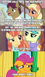 Size: 888x1497 | Tagged: safe, edit, edited screencap, screencap, character:aunt holiday, character:auntie lofty, character:mane allgood, character:scootaloo, character:snap shutter, species:pegasus, species:pony, episode:the last crusade, g4, my little pony: friendship is magic, crying, op has a point, op is a duck, op is trying to start shit, text