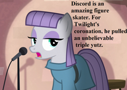 Size: 1024x720 | Tagged: safe, edit, edited screencap, screencap, character:maud pie, episode:the ending of the end, episode:the maud couple, g4, my little pony: friendship is magic, cropped, implied chrysalis, implied cozy glow, implied discord, implied tirek, implied twilight sparkle, maud the comedian, microphone, pun, speech, spotlight, talking