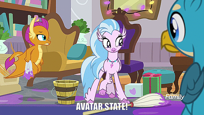 Size: 710x400 | Tagged: safe, edit, edited screencap, screencap, character:gallus, character:silverstream, character:smolder, species:classical hippogriff, species:dragon, species:griffon, species:hippogriff, episode:the hearth's warming club, g4, my little pony: friendship is magic, animated, avatar silverstream, avatar state, avatar the last airbender, behaving like a cat, bucket, caption, cute, diastreamies, discovery family logo, dragoness, female, flying, gif, glowing eyes, image macro, meme, mop, silverstream's bucket, smashing, stomping, text