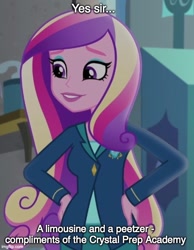 Size: 500x644 | Tagged: safe, edit, edited screencap, screencap, character:dean cadance, character:princess cadance, equestria girls:friendship games, g4, my little pony: equestria girls, my little pony:equestria girls, caption, cropped, female, hand on hip, home alone 2: lost in new york, image macro, imgflip, meme, peetzer, solo, text, that pony sure does love pizza
