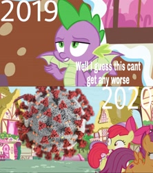 Size: 1922x2160 | Tagged: safe, edit, edited screencap, screencap, character:apple bloom, character:scootaloo, character:spike, character:sweetie belle, species:dragon, species:earth pony, species:pegasus, species:pony, species:unicorn, episode:the big mac question, g4, my little pony: friendship is magic, 2019, 2020, coronavirus, covid-19, cutie mark crusaders, meme, text, virus