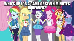 Size: 600x337 | Tagged: safe, edit, edited screencap, screencap, character:applejack, character:fluttershy, character:opalescence, character:pinkie pie, character:rainbow dash, character:rarity, character:spike, character:spike (dog), character:sunset shimmer, character:twilight sparkle, character:twilight sparkle (scitwi), species:dog, species:eqg human, episode:fomo, g4, my little pony: equestria girls, my little pony:equestria girls, spoiler:eqg series (season 2), blep, caption, geode of shielding, geode of sugar bombs, geode of super speed, geode of super strength, humane five, humane seven, humane six, image macro, magical geodes, memeful.com, mlem, silly, text, tongue out