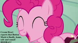 Size: 1280x720 | Tagged: safe, edit, edited screencap, screencap, character:pinkie pie, episode:newbie dash, g4, my little pony: friendship is magic, cute, diapinkes, implied button mash, implied cream heart, punctuation error, relieved, speech, talking