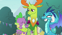 Size: 1280x720 | Tagged: safe, edit, edited screencap, screencap, character:princess ember, character:spike, character:thorax, species:changeling, species:dragon, species:reformed changeling, episode:triple threat, g4, my little pony: friendship is magic, pony eyes, pony eyes edit
