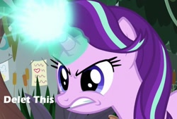 Size: 1243x841 | Tagged: safe, edit, edited screencap, screencap, character:starlight glimmer, species:pony, species:unicorn, episode:a horse shoe-in, g4, my little pony: friendship is magic, angry, caption, cropped, delet this, female, glowing horn, horn, image macro, magic, mare, meme, solo, text