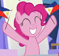 Size: 679x652 | Tagged: safe, edit, edited screencap, screencap, character:pinkie pie, species:earth pony, species:pony, cropped, episode needed, eyes closed, female, flag, hoof hold, philippines, solo
