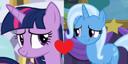 Size: 1284x642 | Tagged: safe, edit, edited screencap, screencap, character:trixie, character:twilight sparkle, character:twilight sparkle (alicorn), species:alicorn, species:pony, ship:twixie, female, lesbian, shipping, shipping domino