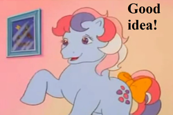 Size: 900x600 | Tagged: safe, edit, edited screencap, screencap, character:sweet stuff, episode:sweet stuff and the treasure hunt, g1, my little pony 'n friends, bow, cropped, cute, paradise estate, picture, reaction image, speech, sweet sweet stuff, tail bow, talking